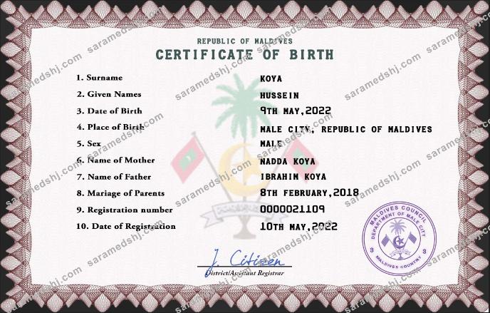 Maldives vital record birth certificate PSD template